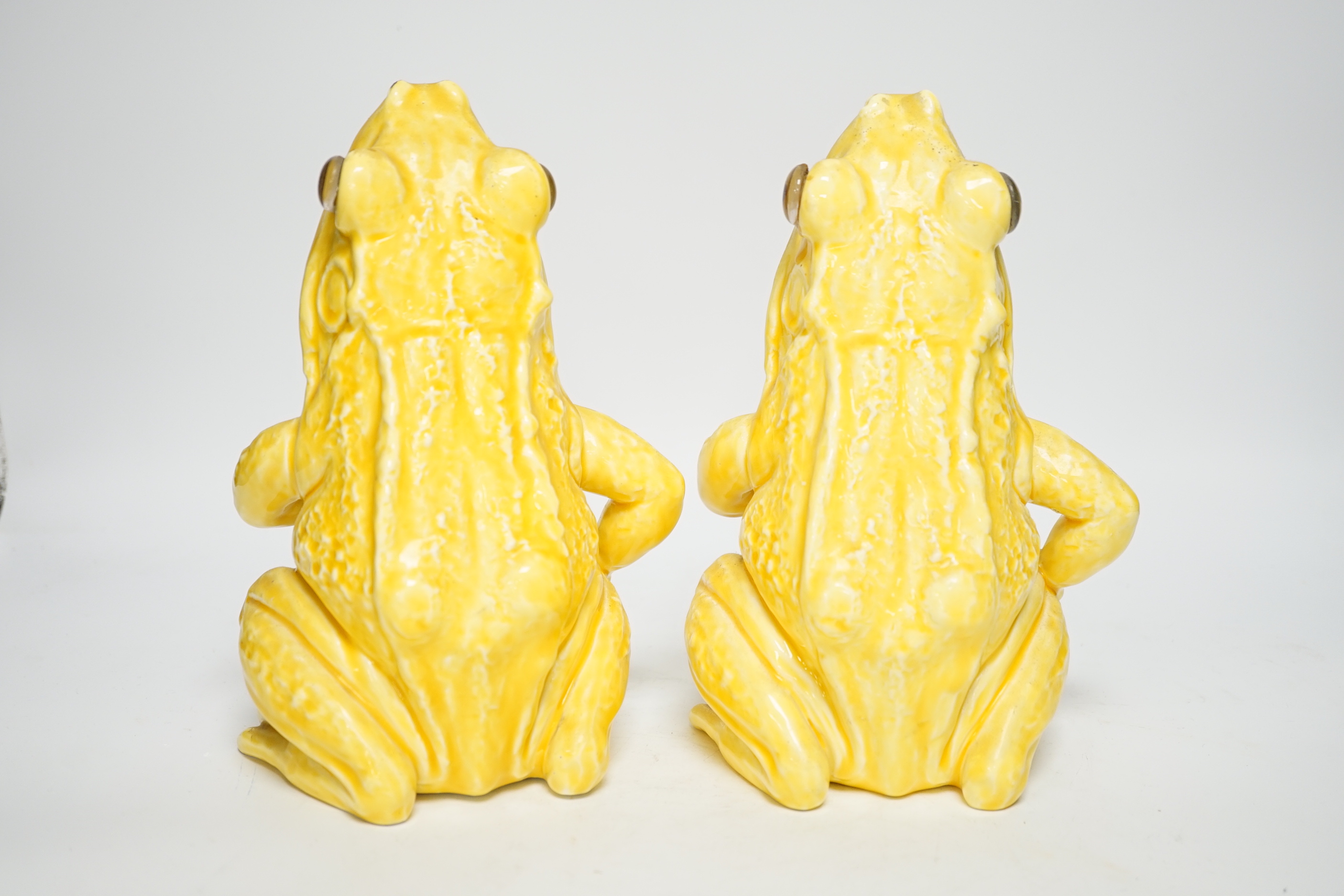 A pair of Continental yellow glazed pottery frogs, 21.5cm